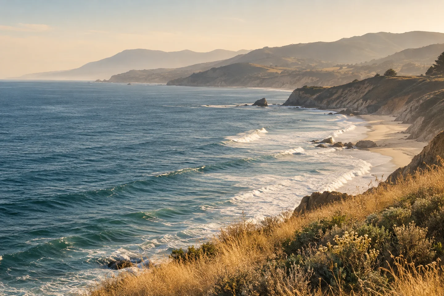 Sunlit coastal bluffs overlooking the Pacific Ocean
