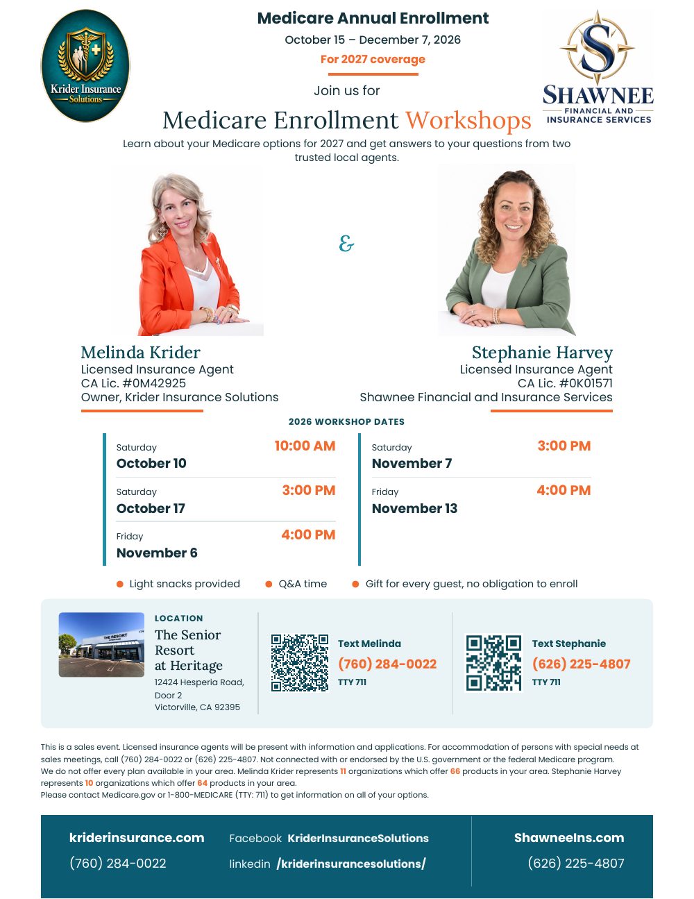 Flyer: Medicare Enrollment Workshops with Melinda Krider & Stephanie Harvey